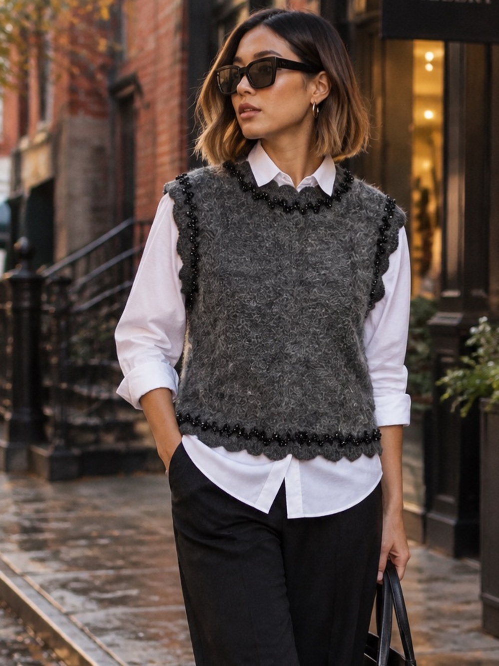 ZARA Gray and Black Beaded Knit Downtown Sophistication Vest, M